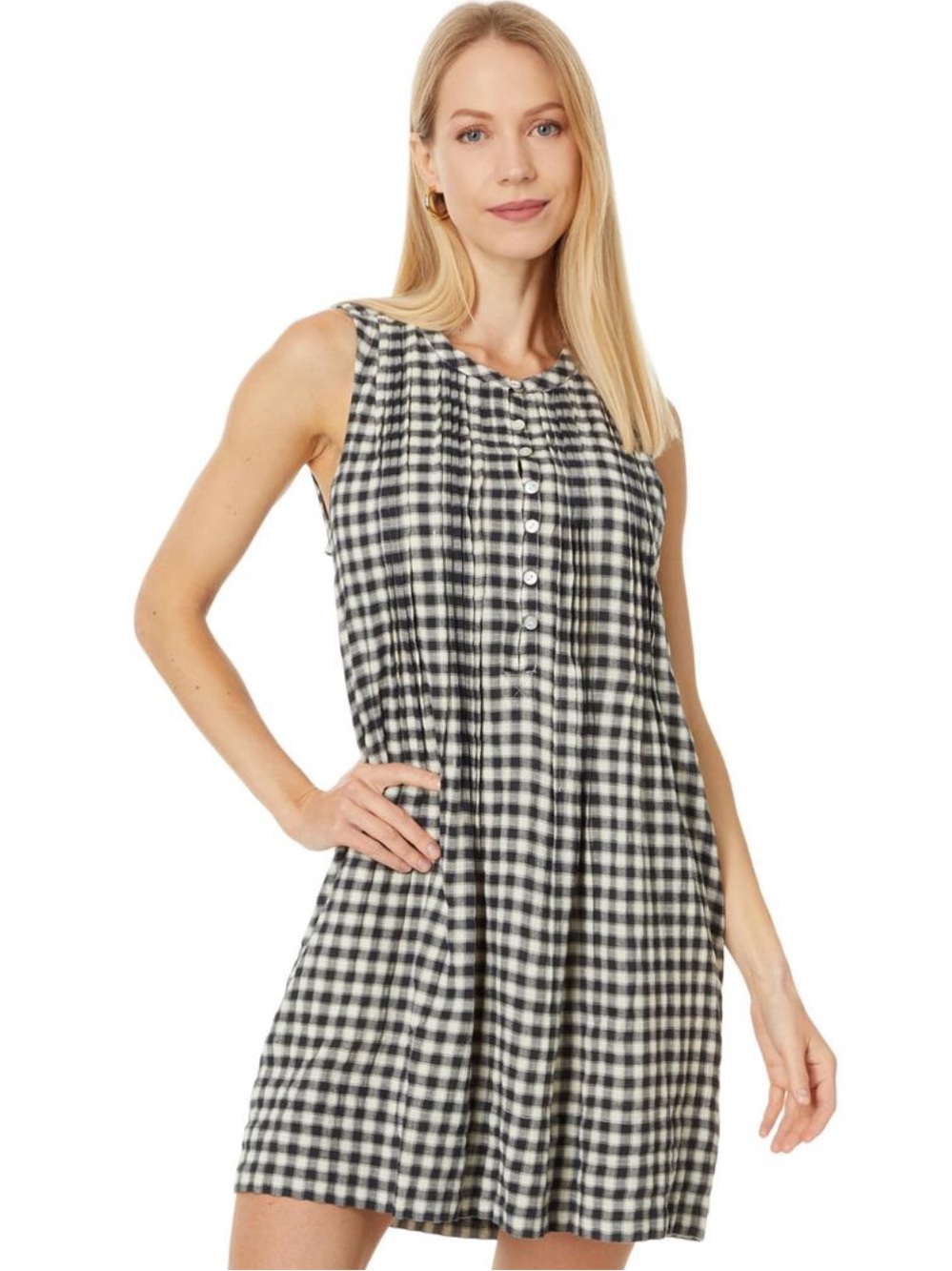 Faherty Isha Gingam Dress Sz S Black Ivory A-Line Casual Pockets Organic Cotton